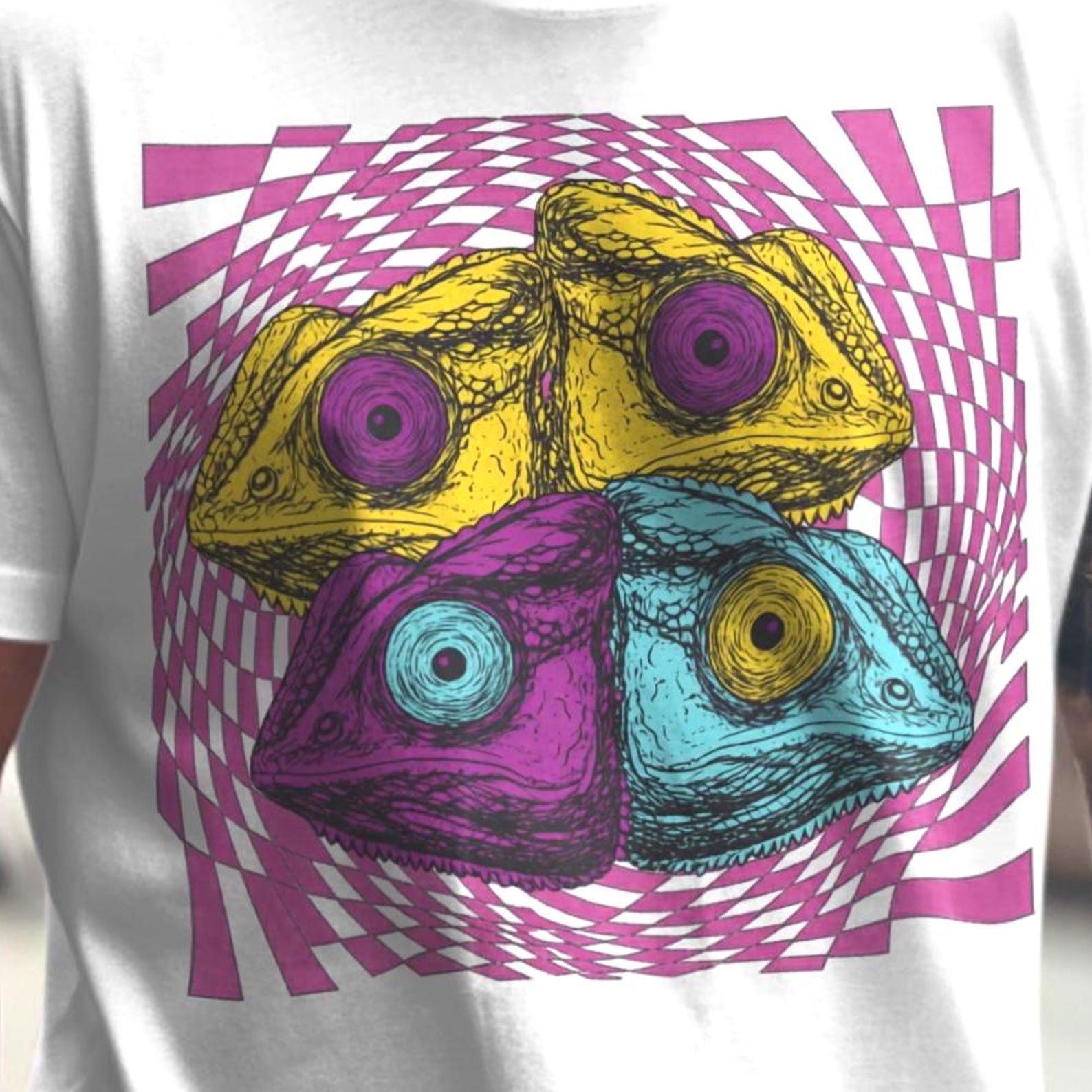 Trippy Lizard T-Shirt | Psychedelic Reptile Art Shirt | Colorful chameleon Graphic Tee | Hypnotic Spiral Design XS to 5XL L