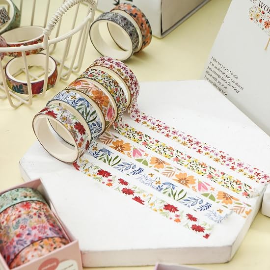 YUBX Masking Tape 60-Roll Set, Blooming Flower Pattern Washi Tape Collection, Cute Thin Strips for D