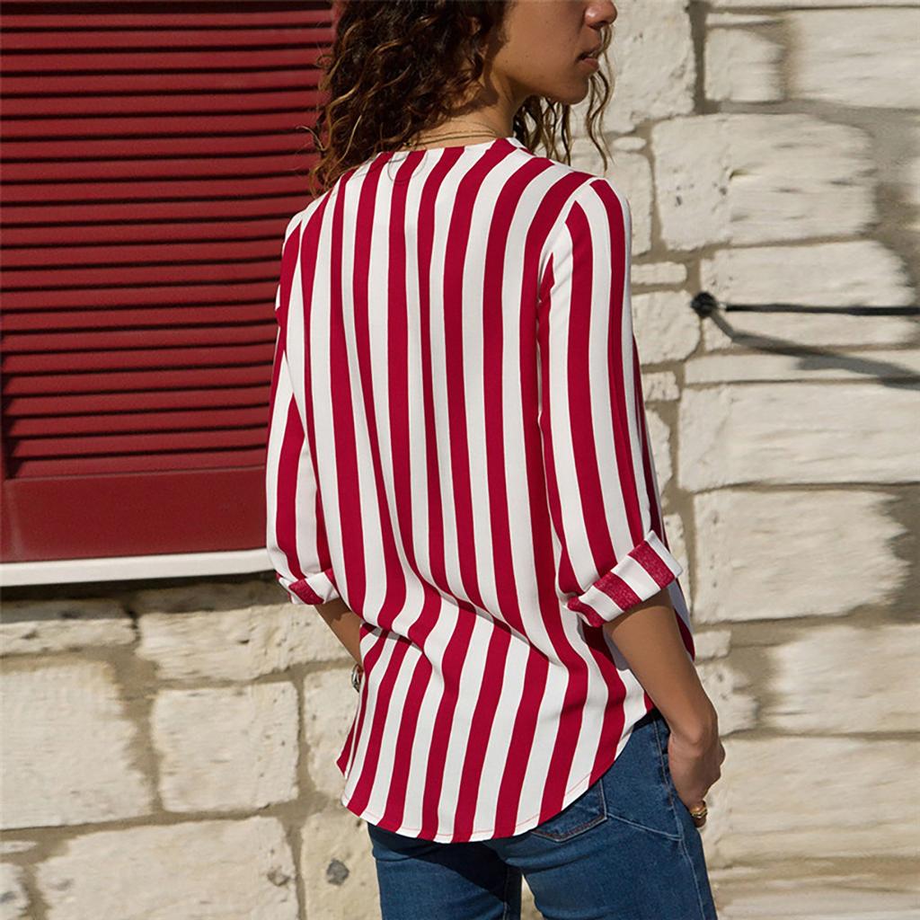 Casual Loose V-neck Striped Chiffon Long-Sleeved Women's Pullover Shirt