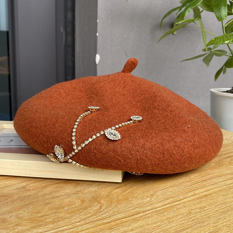 New Rhinestone Beret Fashionable Versatile Woolen Hat Autumn and Winter Three-dimensional Thickened Women's Painter Hat Tide