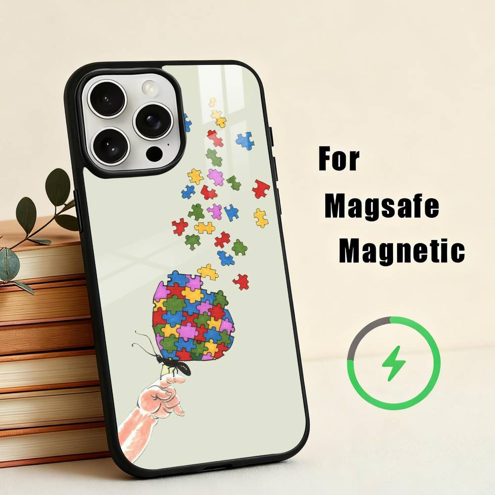 Puzzle Art Support Autism Phone Case For iPhone17,16,15,14,13,12,11 Plus,For Magnetic Wireless Charge Cover