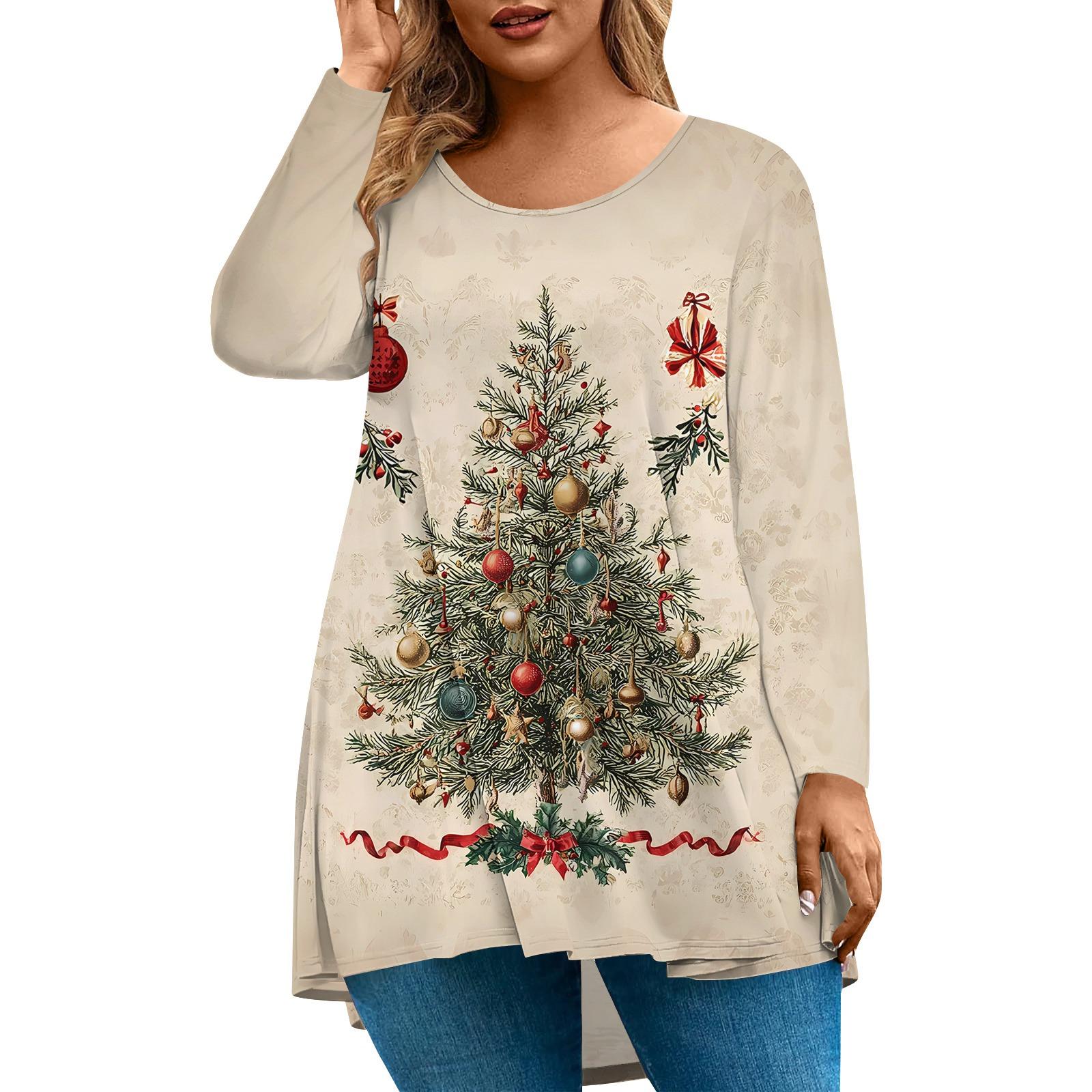 

Женская мода большого размера с круглым вырезом и длинным рукавом, повседневный свободный пуловер с рождественским принтом L