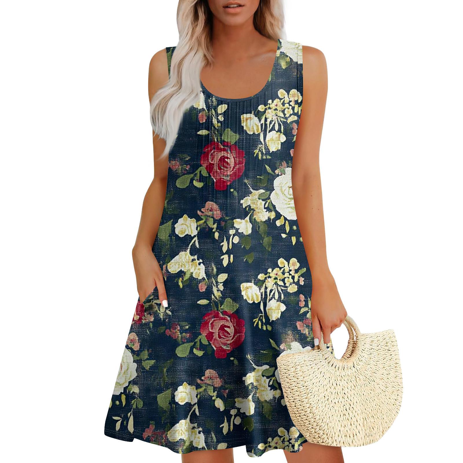 

Женские летние платья Свободные сарафаны без рукавов Платье с карманами XL тёмно-синий