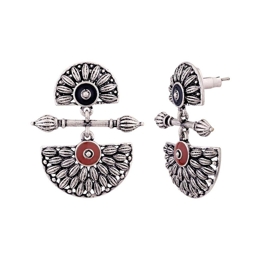 Brass Silver Oxidised Mandala Design Lightly Embellished Drop Earrings for Women and Girls