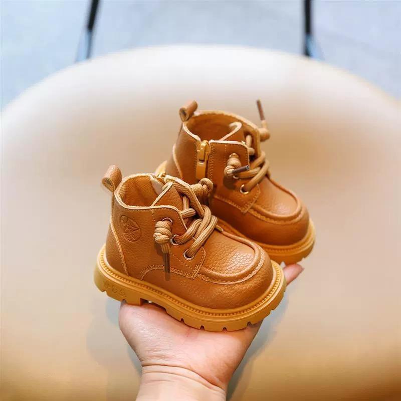 Children's Yellow Leather Martin Boots: Soft Sole Autumn/Winter Toddler Walking Shoes for Boys and Girls.