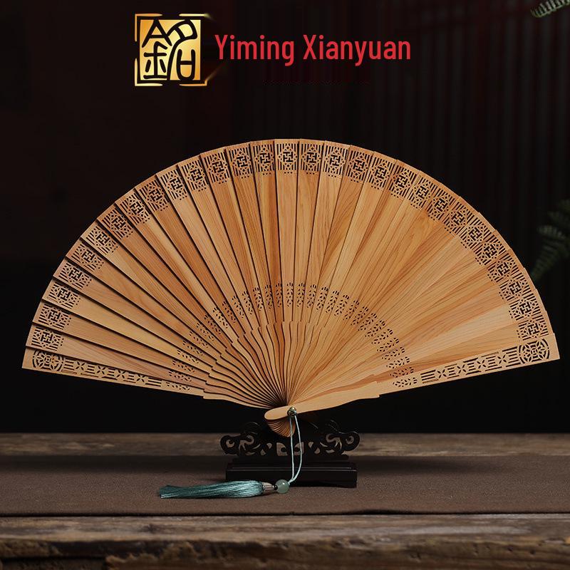Cliff Cypress Folding Wooden Fan: Intangible Cultural Heritage Gift Ornament for Cooling and Craft Display