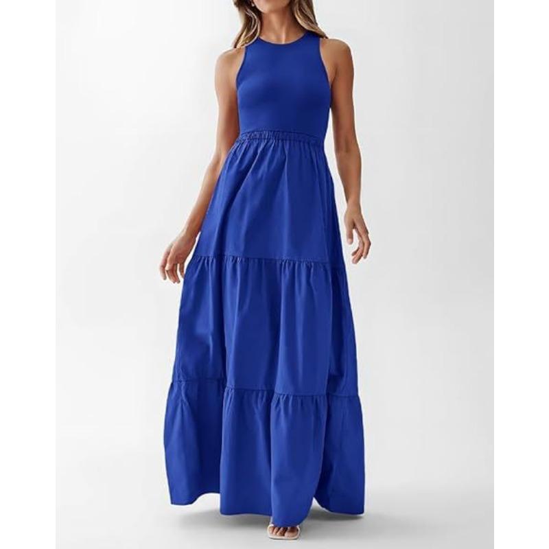 Summer Women's Dress Round Neck Patchwork Pit Stripe Sleeveless Vest Pocket Dresses