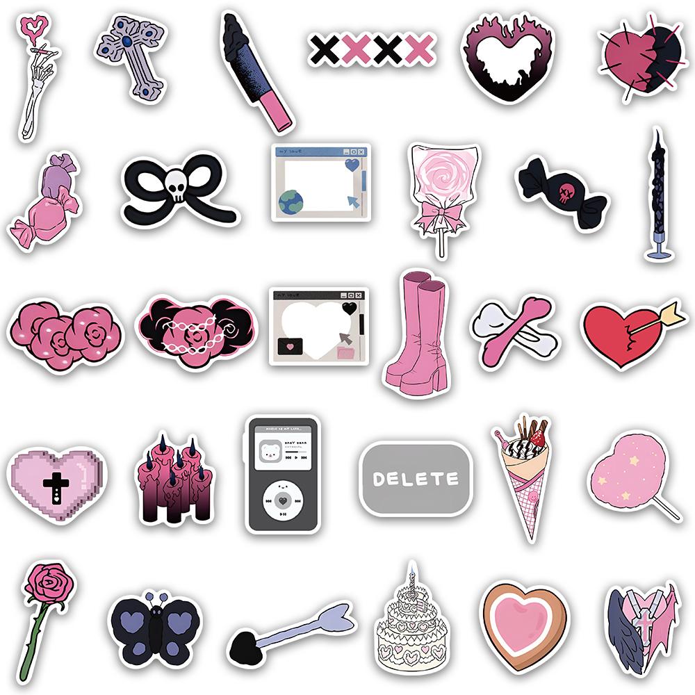 60Pcs Y2K Pink Kawaii Girls Gothic Stickers Cute Anime Aesthetic Decals Phone Suitcase Laptop Stationery Car Toy Sticker
