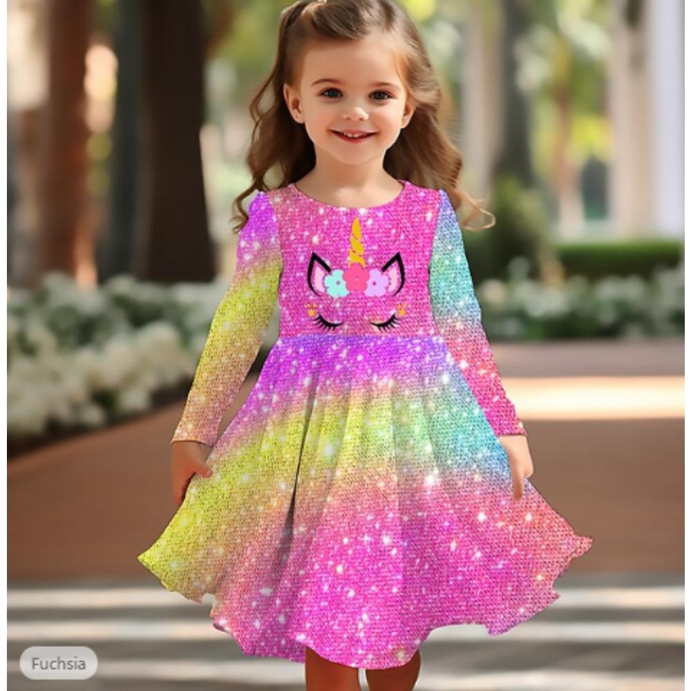 Mädchen Lässiges 3D Einhorn Muster Print Rundhals Langarm Kleid Kinder Prinzessinnenkleid