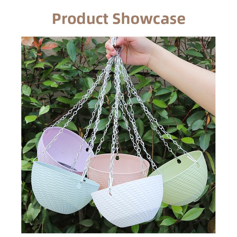 Plastic Hanging Basket with Drainage Holes and Rustproof Triple Chain for Indoor Outdoor Plants White Blue Pink Green Purple