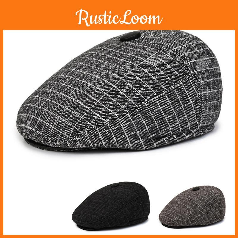 Men Checkered Pattern Duckbill Hat Ear Protection Cotton Cap Headwear Outdoor