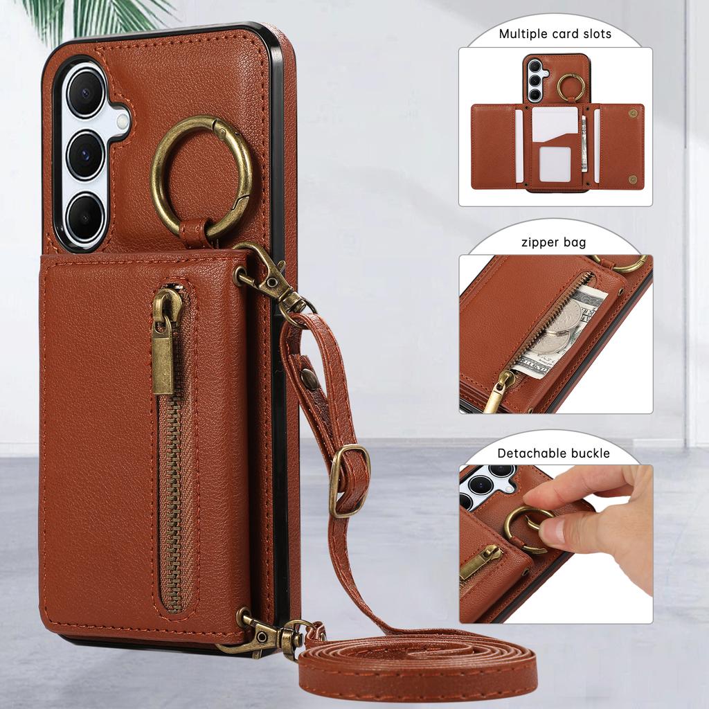 For Samsung Galaxy A16 4G Leather Back Cover Zipper Wallet Kickstand Phone Case with Shoulder Strap