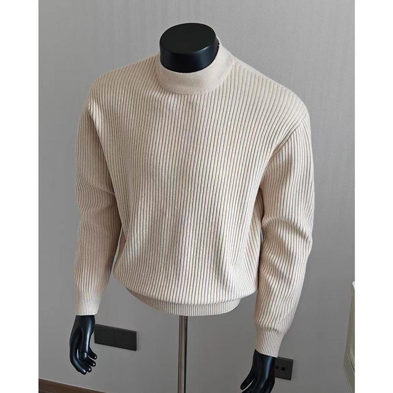 Herren Weißer Gerippter Rollkragenpullover - Herbst/Winter Lazy Style, Gestrickt, Gerade Schulter, Hohe Dehnbarkeit