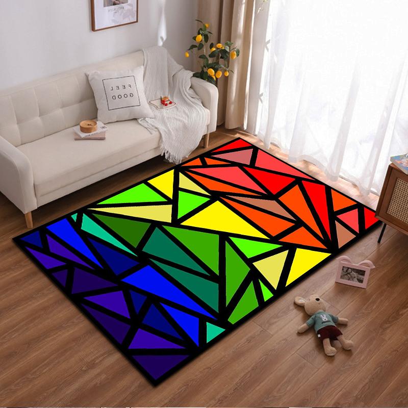 Abstract Rainbow Geometric Pattern Area Rug. Non-slip rug suitable for living room and bedroom sofas.