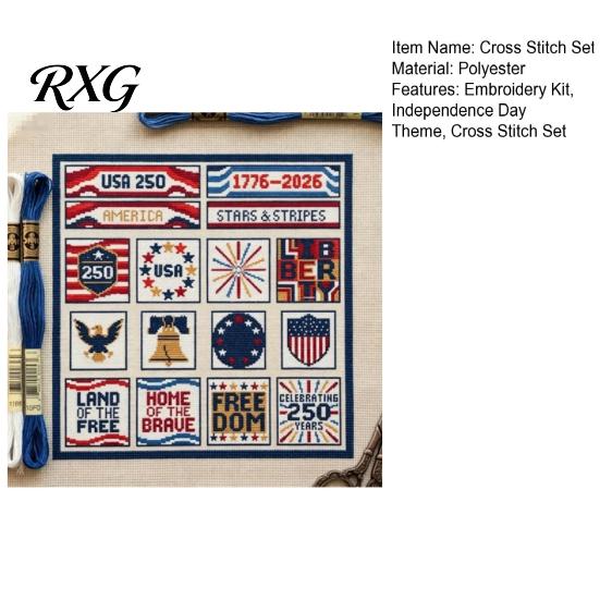 Cotton Embroidery Cloth 250th Anniversary Cross Stitch Kit, Independence Day Theme, Red White Blue Threads Fourth Of July Stitching Set Set, Patriotic