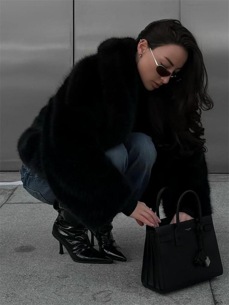 Wintermode Pelz Feder Oberbekleidung für Damen Revers Hohe Taille Warm Locker Langarm Pendelmantel Weiblich Pelz Feder