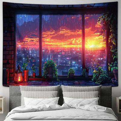 Anime Window City Sunset Rainy Night Wall Tapestry Machine Washable All Season Decor Art Print Urban Landscape Design Home