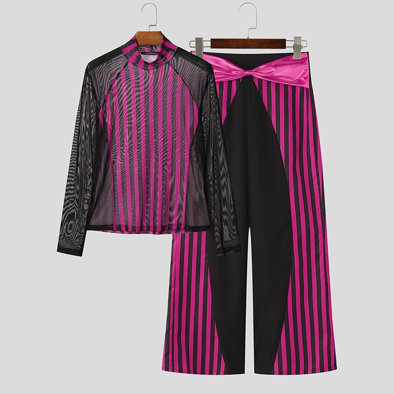INCERUN Two-piece Men Long Sleeve Striped Mesh Sheer Crop Tops Bow Elastic Waist Pants Sets