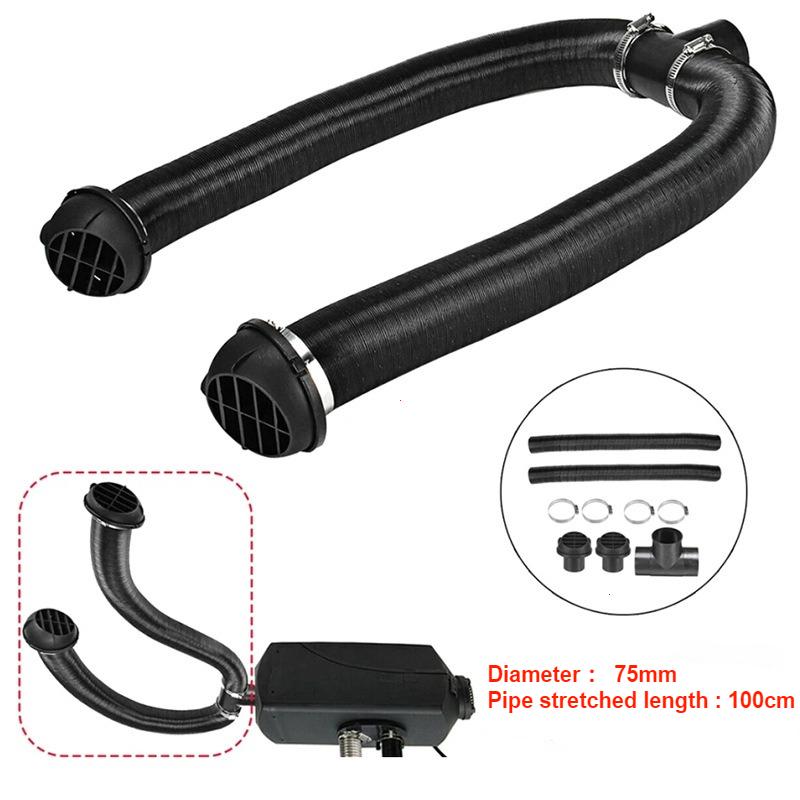 75mm Naftové topení T 3 Výstupy Konektor & 2x Výstup vzduchu & 2x Potrubí Teplé Černé & 4x Sada svorek Pro auto Nákladní auto VAN Obytný vůz