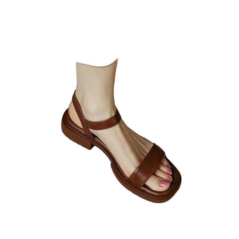 Sandalen Damen Sommer Flachsohle Weichsohle Lederschuhe Ein-Wort-Schnalle Sandalen Übergröße Dicke Ferse