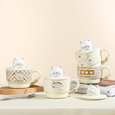 Desenho animado gato bonito cerâmica caneca de alto valor caneca de água copo com tampa e colher escritório café xícara lembrança