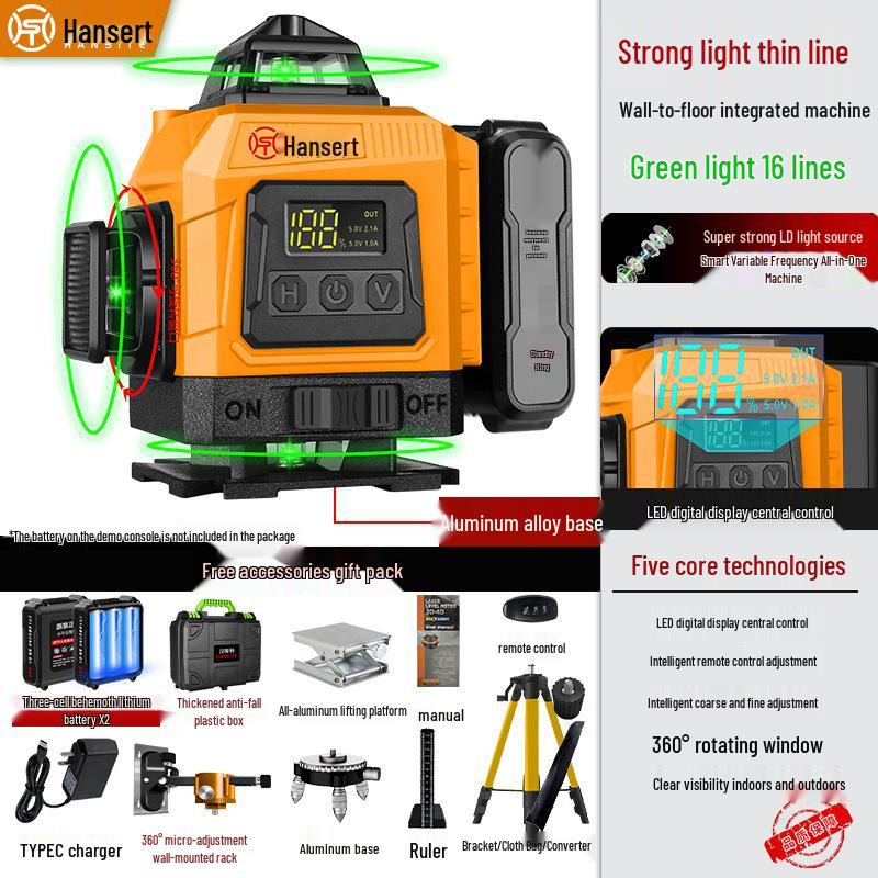 16-line High Precision Green Laser Level with Automatic Leveling for Indoor/Outdoor Use