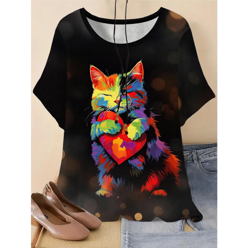 Moda Donna Girocollo Manica Corta Stampa Colore 3D Casual T-shirt Casual a Manica Corta Girocollo