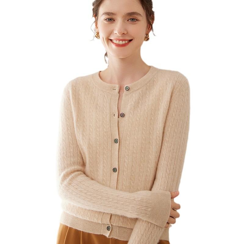 Women's Cable Knit Cashmere Cardigan - Long Sleeve, Button-Up Sweater for Autumn/Winter 2024.