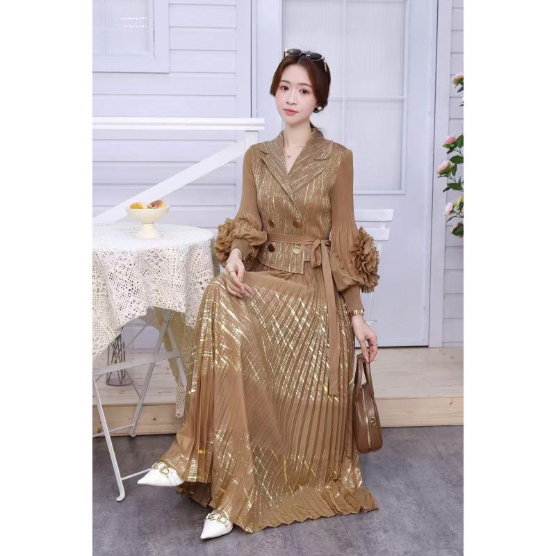 European and American Panhua 3D Floral Pleated Dress with Lantern Sleeves and Large Swing Skirt