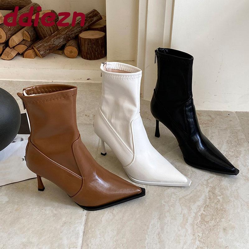 Mode Reißverschlüsse Mode Dünne Absätze Schuhe Damen Knöchel Stretch Stiefel Spitze Zehen Damen Kurze Moderne Stiefel Weibliche Pumps Schuhe