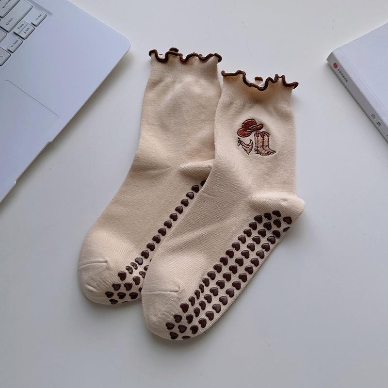 Children's Cartoon Yoga Socks - Mid-Calf, Anti-Slip, Embroidered Fluffy Bows, Fitness, Pilates Socks for Women