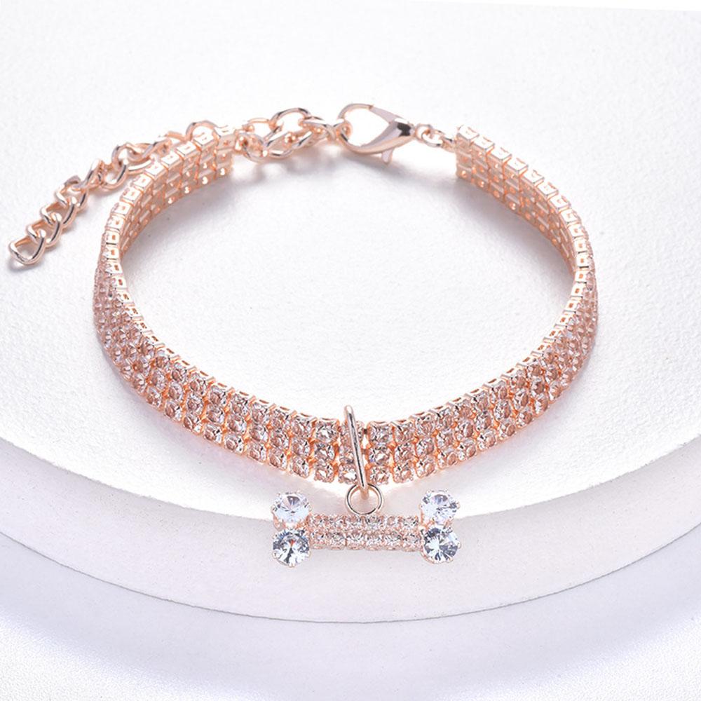 Pet Collar with Diamonds Adjustable Crystal Diamond Elastic Bone Pendant Wedding Cat Small Dog Puppy Necklace Jewelry for Yorkie