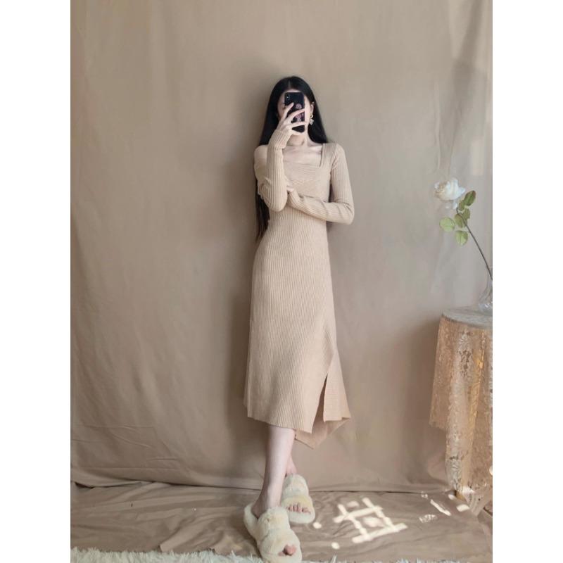 Off-the-shoulder knitted dress, women's autumn temperament, slim-fitting base, split fork with coat, long sweater skirt