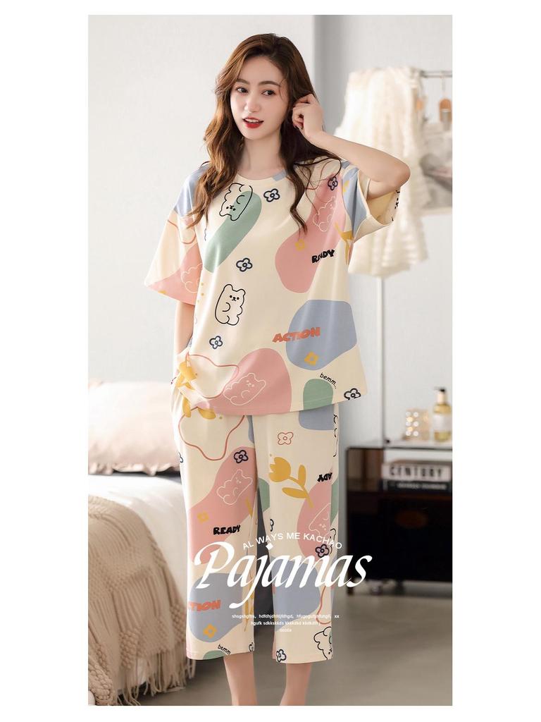 2024 Women's Summer Short-Sleeve Cropped Pajama Set - Casual, Large Size, Two-Piece