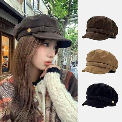 Retro Suede Beret Hat For Women Flat Top Newsboy Cap Autumn Winter Briti Sle Casual Foldable Warm Hat