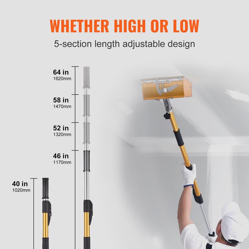 Drywall Flat Box Handle, 40''-64'', Anodized Aluminum Flat Finishing Extension Handle, 5-Section Length Adjustable, Non-slip Grip and 360° Painting