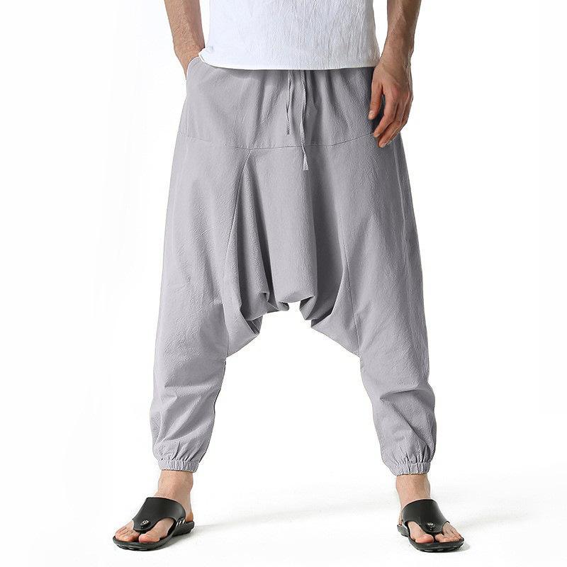 Men's Cotton Linen Casual Harem Pants Loose Fit Drop Crotch Lounge Pants Elastic Waistband Drawstring Adjustable Fit