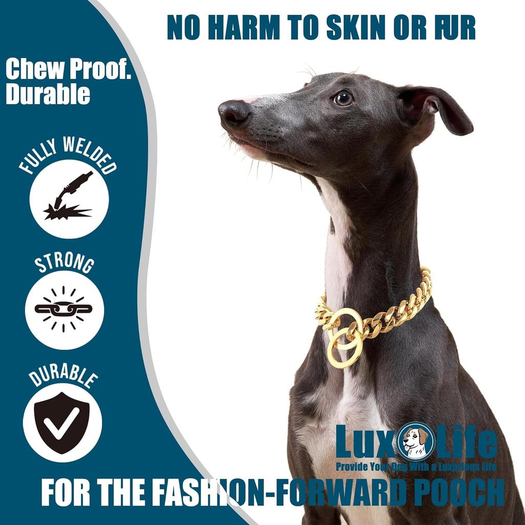 12mm Gold Cuban Link Dog Collar - Stainless Steel Chain Collar with O-Ring Lock for Small, Medium & Large Dogs - Adjustable Heavy Duty Pet Walking