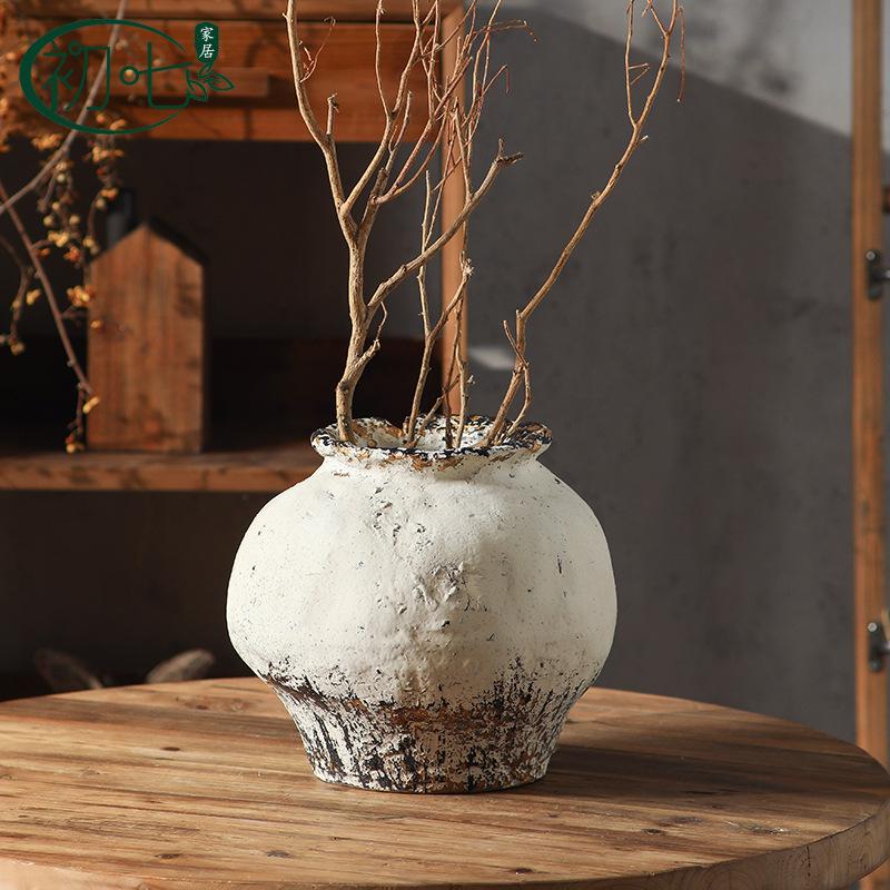 Rustic White Distressed Zen Pottery Jar for Dried Flowers - Chinese Style Vase Ornament for Home or Hotel Decor