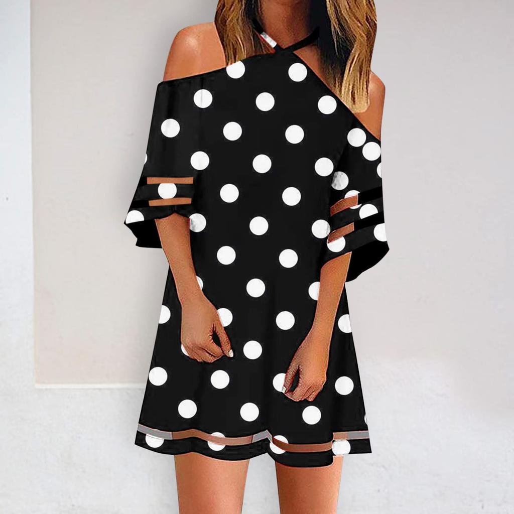 Fashion Womens Loose Summer Print Hanging Neck Strapless Short-sleeved Dress