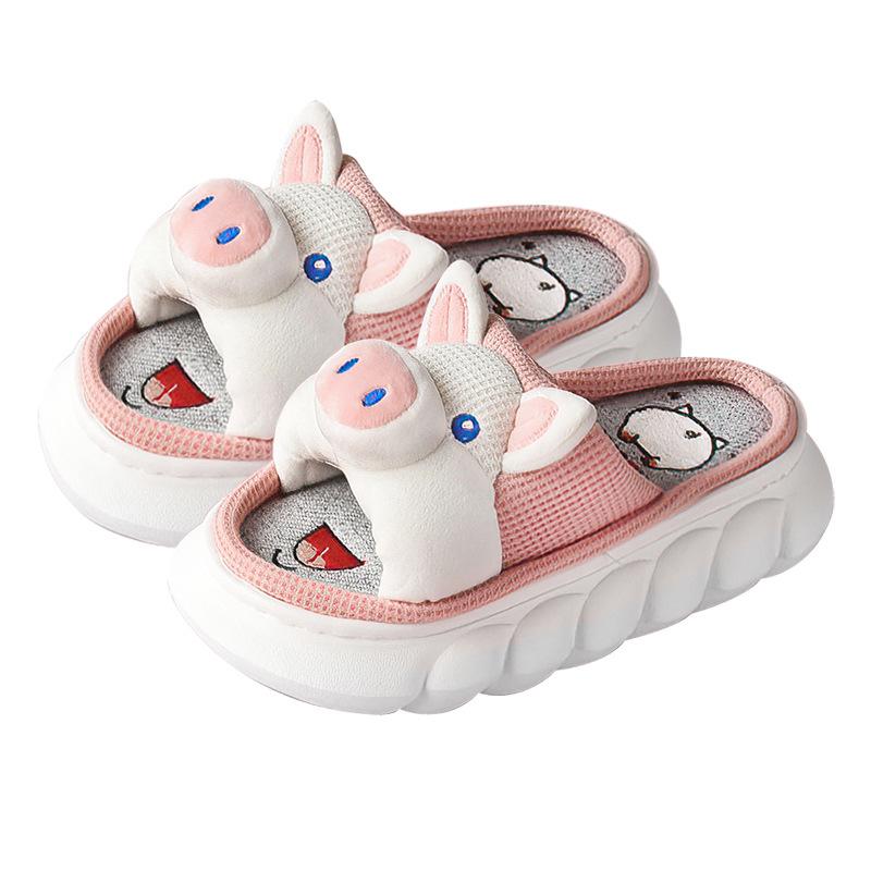 Fashion Animals Slippers Women Platform Shoes Cute Cartoon Thick Sole Home Slippers Pink Pig Slipper Ladies 4 Seasons Cotton Flax Slides