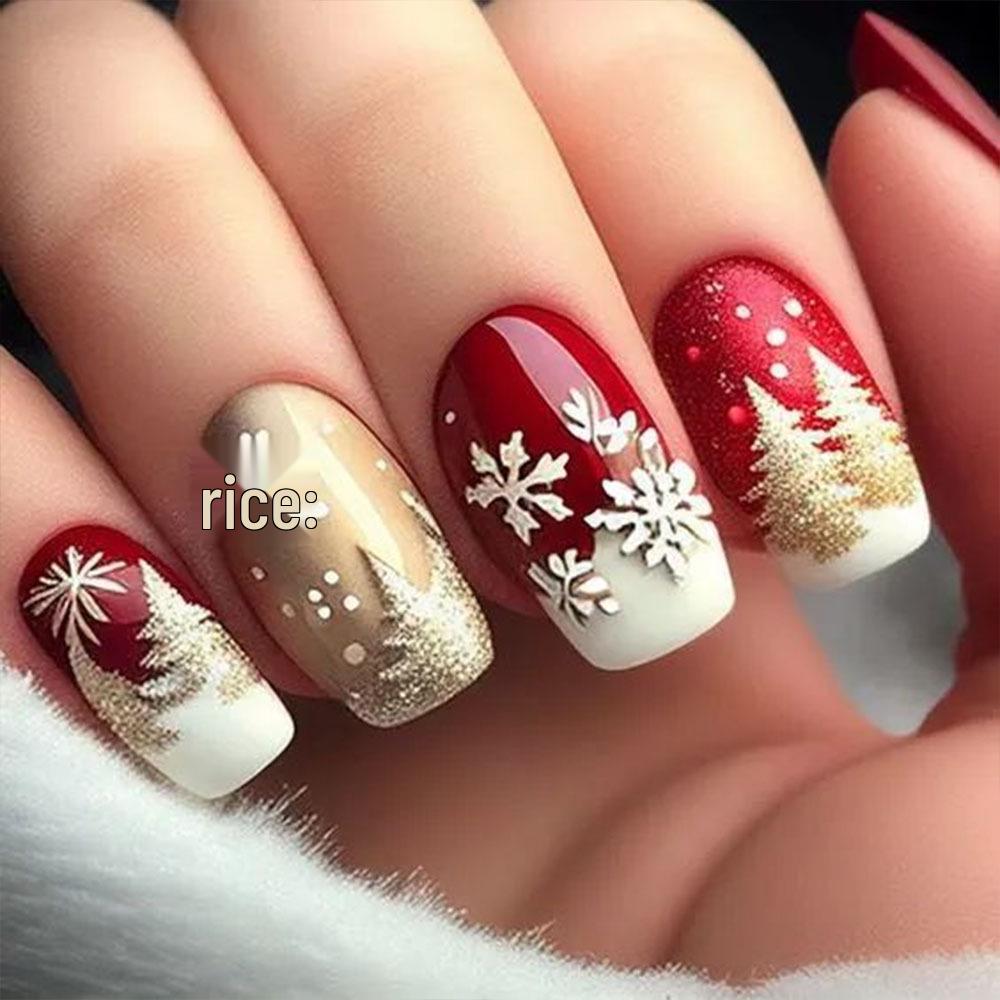 Festive Red & Gold Snowflake Press-on Nails - Short European/American Christmas & New Year Nail Art