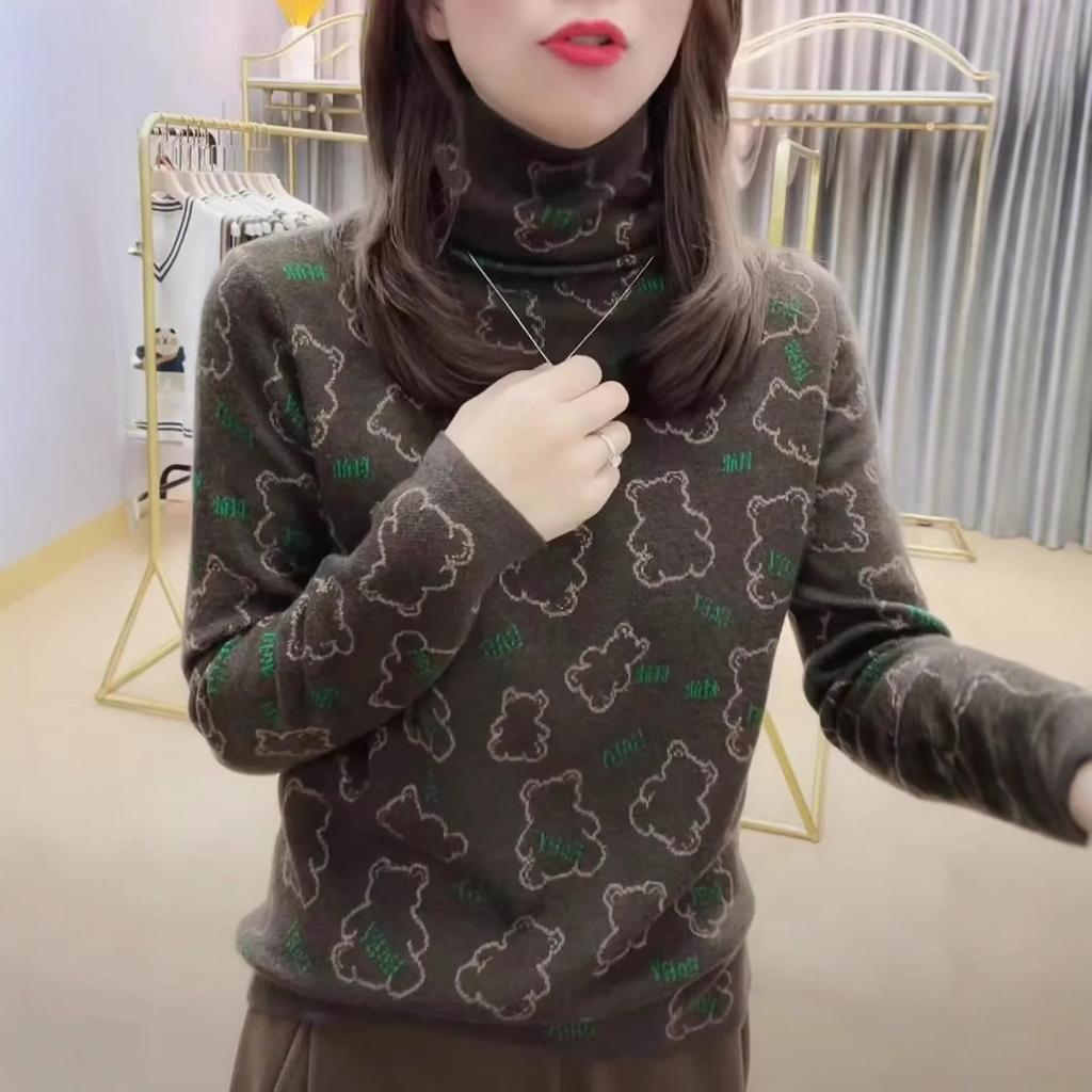 Turtleneck bottoming shirt women's velvet thickened autumn and winter foreign style warm long-sleeved bear t-shirt women's top