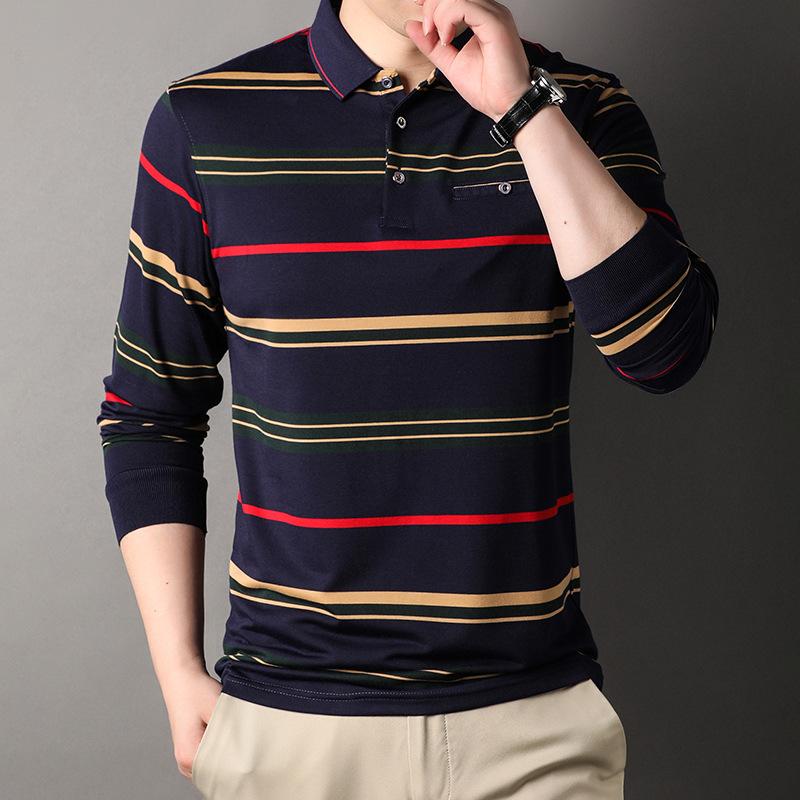 Men's Spring Autumn New Striped Long Sleeve Pockets Button Tees Turn-down Collar Pullover Business Casual Loose Tops