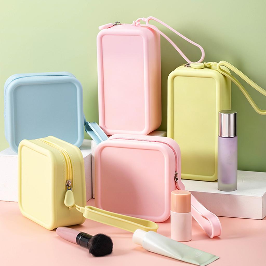 Candy Color Silicone Makeup Bag,Portable Lanyard Cosmetic Case Waterproof Zipper Toiletries Pouch,Mini Wallet Coin Purse