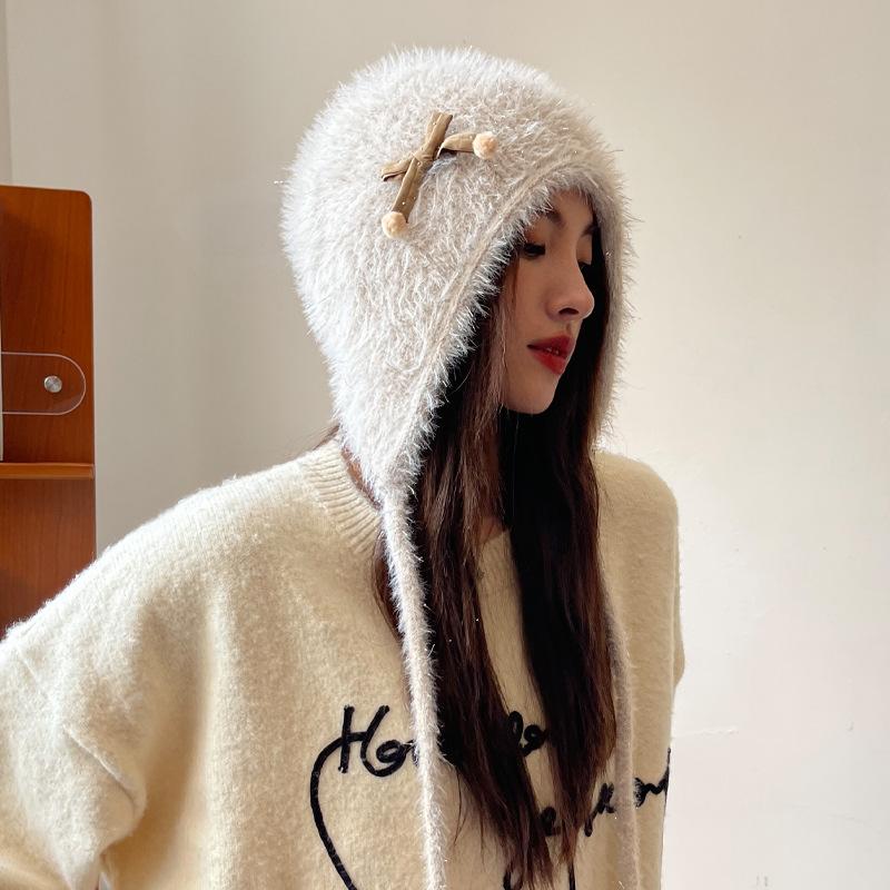 Korean New Cute Wool Hat for Women In Autumn and Winter Warm Lace Ups Piled Hats To Show Their Faces and Small Knitted Ear Protecting Heads