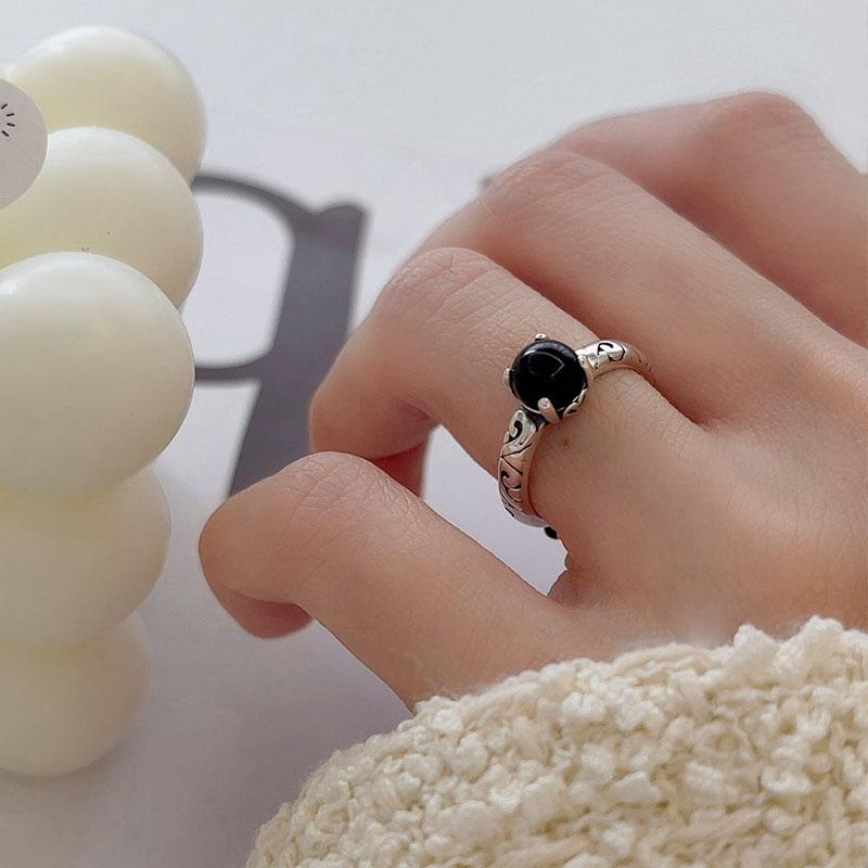 PANJBJ 925 Sterling Silver Geometric Black Stone Rings for Women Girl Korean Simple Adjustable Couple Jewelry Dropshipping