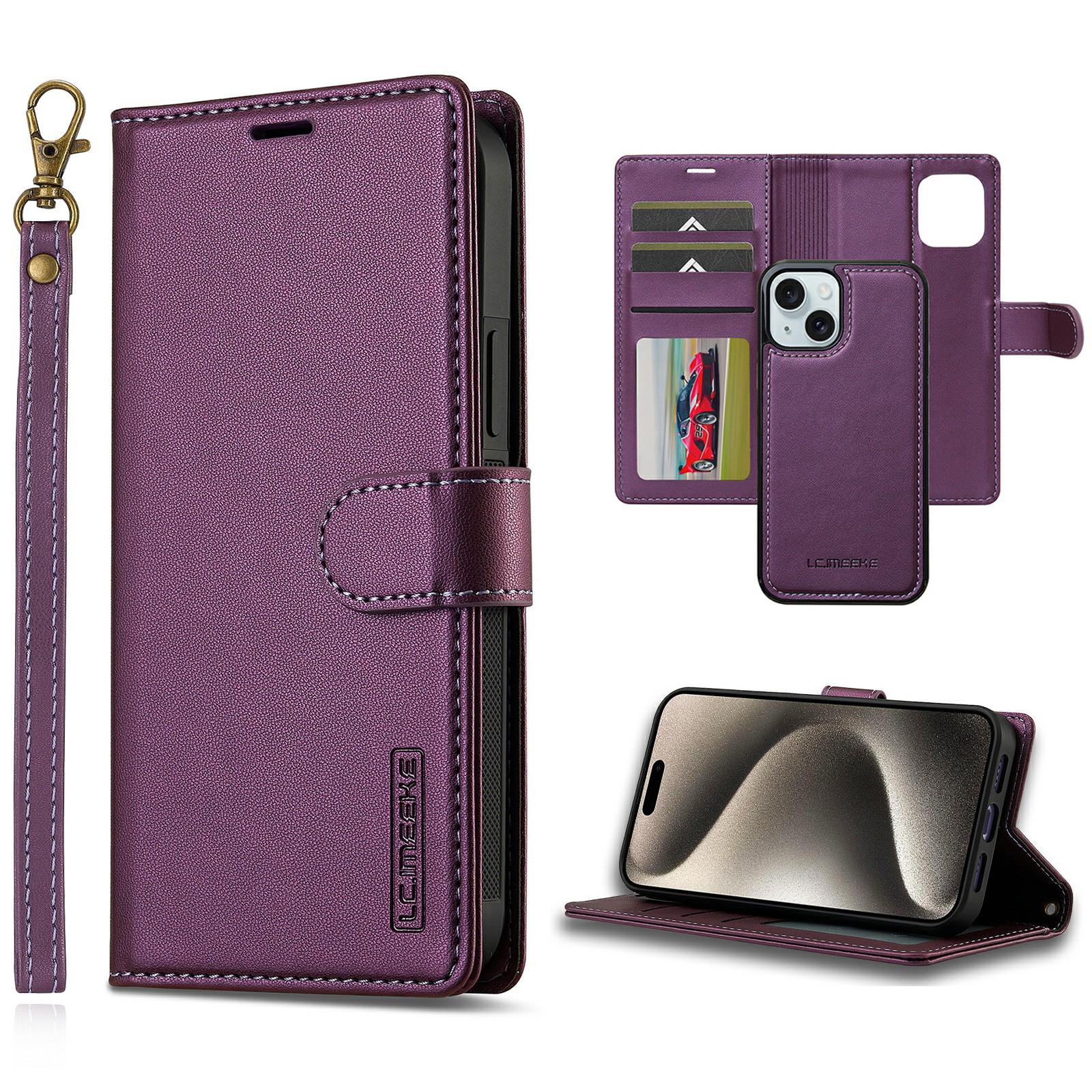 

LC.IMEEKE L2 Series for iPhone 15 Case PU Leather Wallet Detachable Magnetic Phone Cover Purple