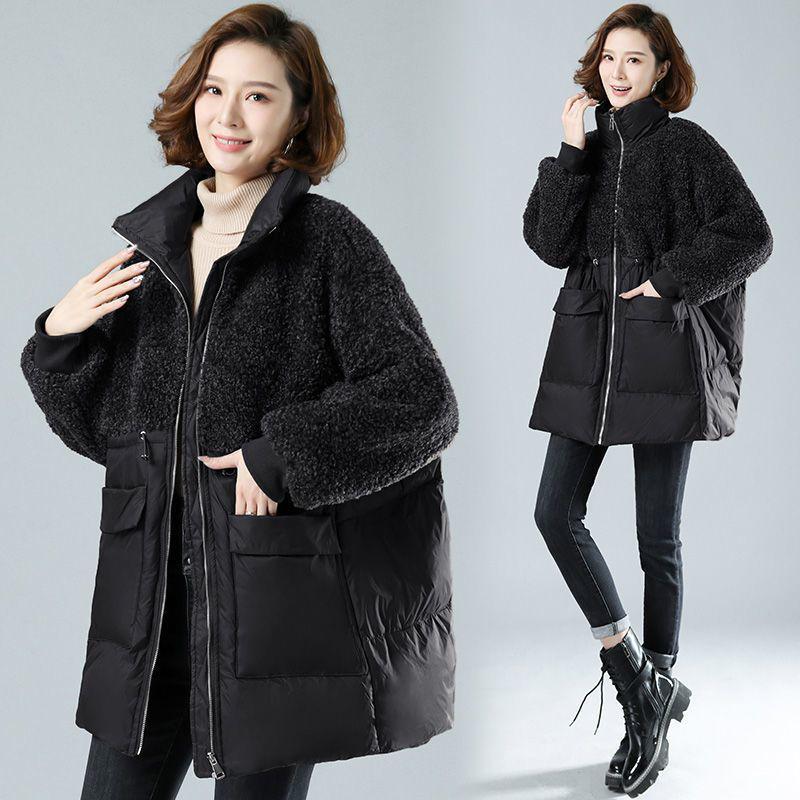 Women's Mid-Length Winter Lamb Wool & Cotton-Blend Jacket - Loose, Plus Size for Middle-Aged Women