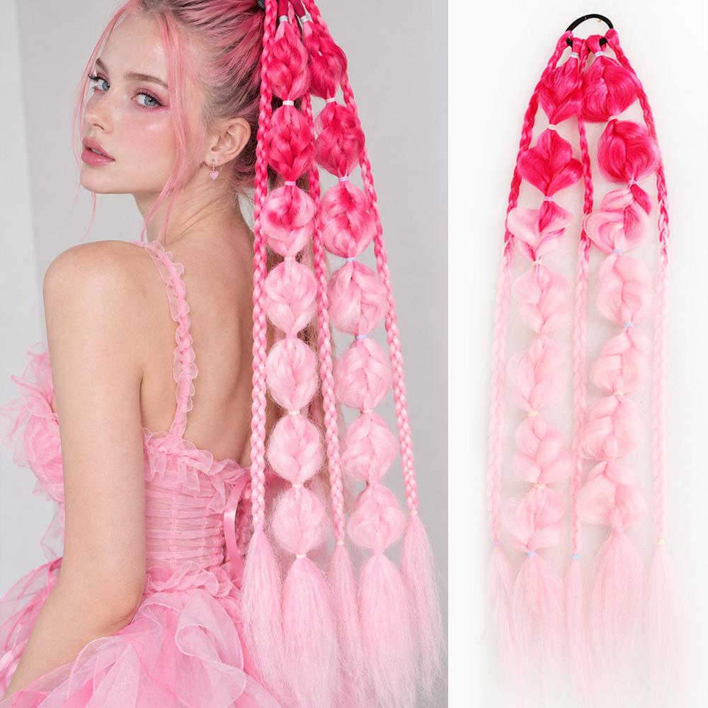 24 Inch Synthetic Gradient Corlorful Bubble Braids Ponytail Hair Extensions Rubber Band Style Hairpiece For Party Costume Halloween Wear